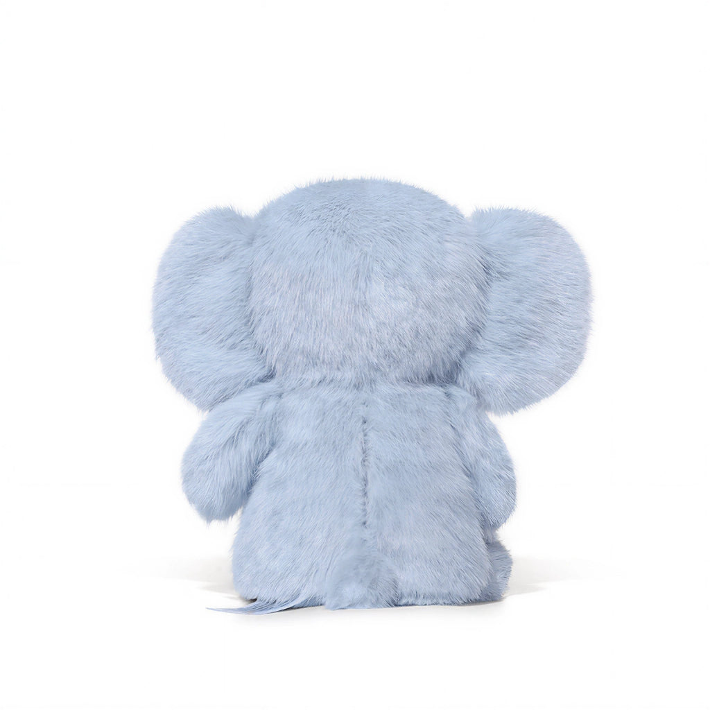 Light blue plush elephant toy on a white background