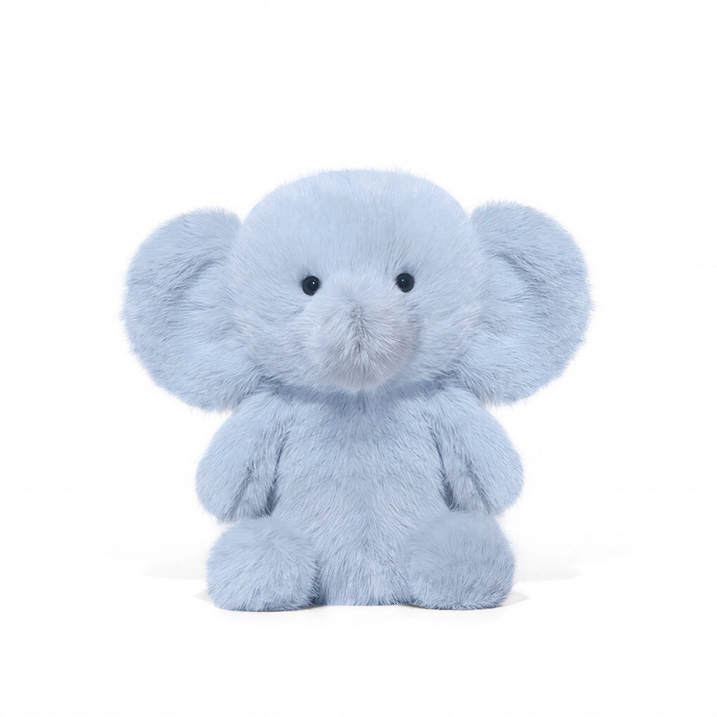 Blue plush elephant toy on a white background
