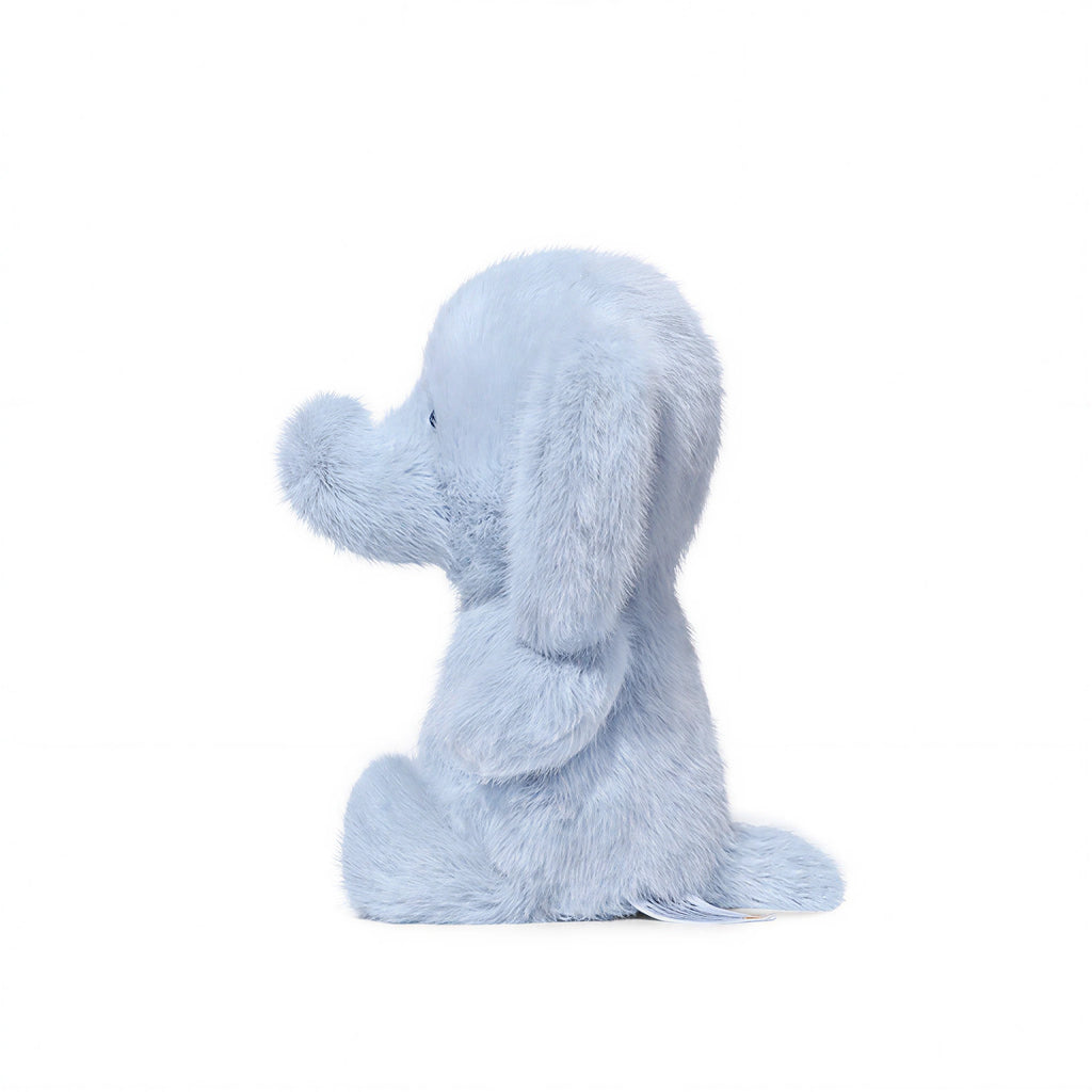 Blue plush elephant toy on a white background