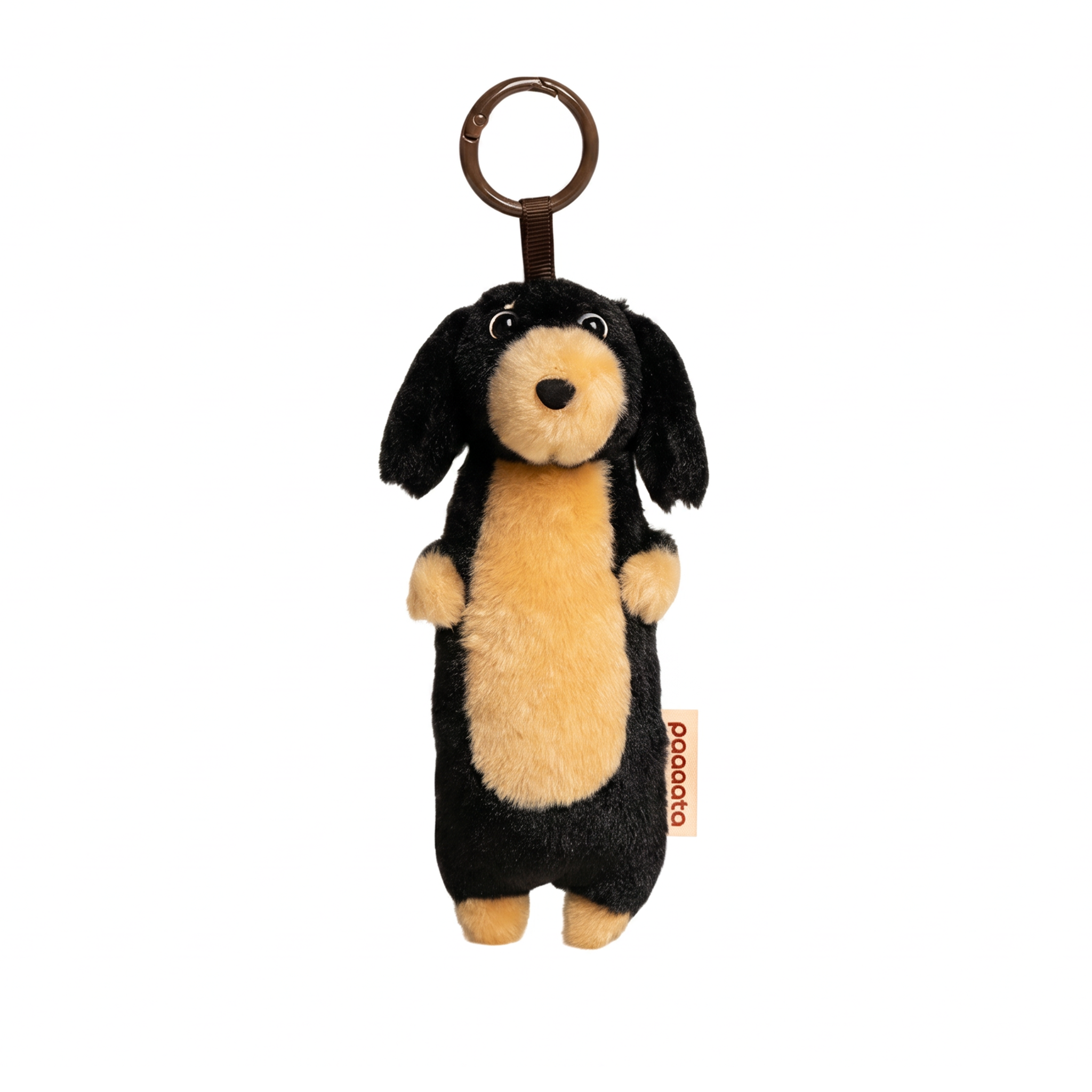 Dachshund Keychain plush stuffed animal toy, Black and Tan Long hair variant, PP cotton plush, front view