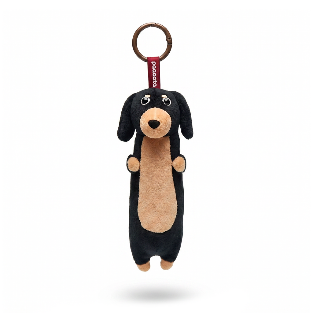 Dachshund Keychain plush stuffed animal toy, Black and Tan Short hair variant, PP cotton plush, front view