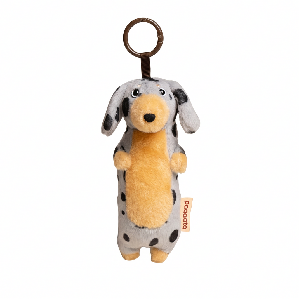 Dachshund Keychain plush stuffed animal toy, Blue Merle Dapple variant, PP cotton plush, front view