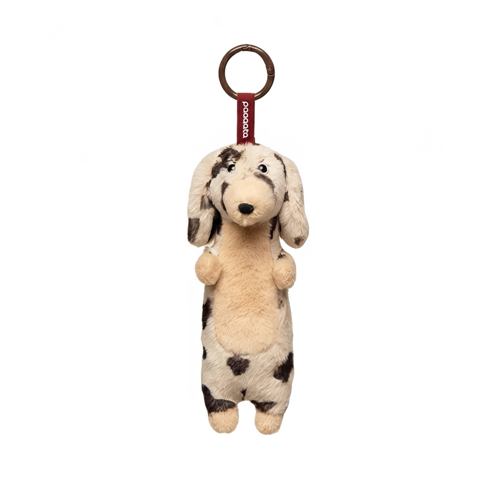 Dachshund Keychain plush stuffed animal toy, Chocolate Merle Dapple Long hair variant, PP cotton plush, front view