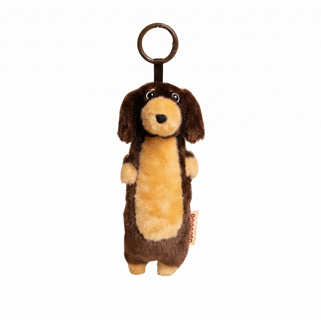 Dachshund Keychain plush stuffed animal toy, Chocolate and Tan Long hair variant, PP cotton plush, front view