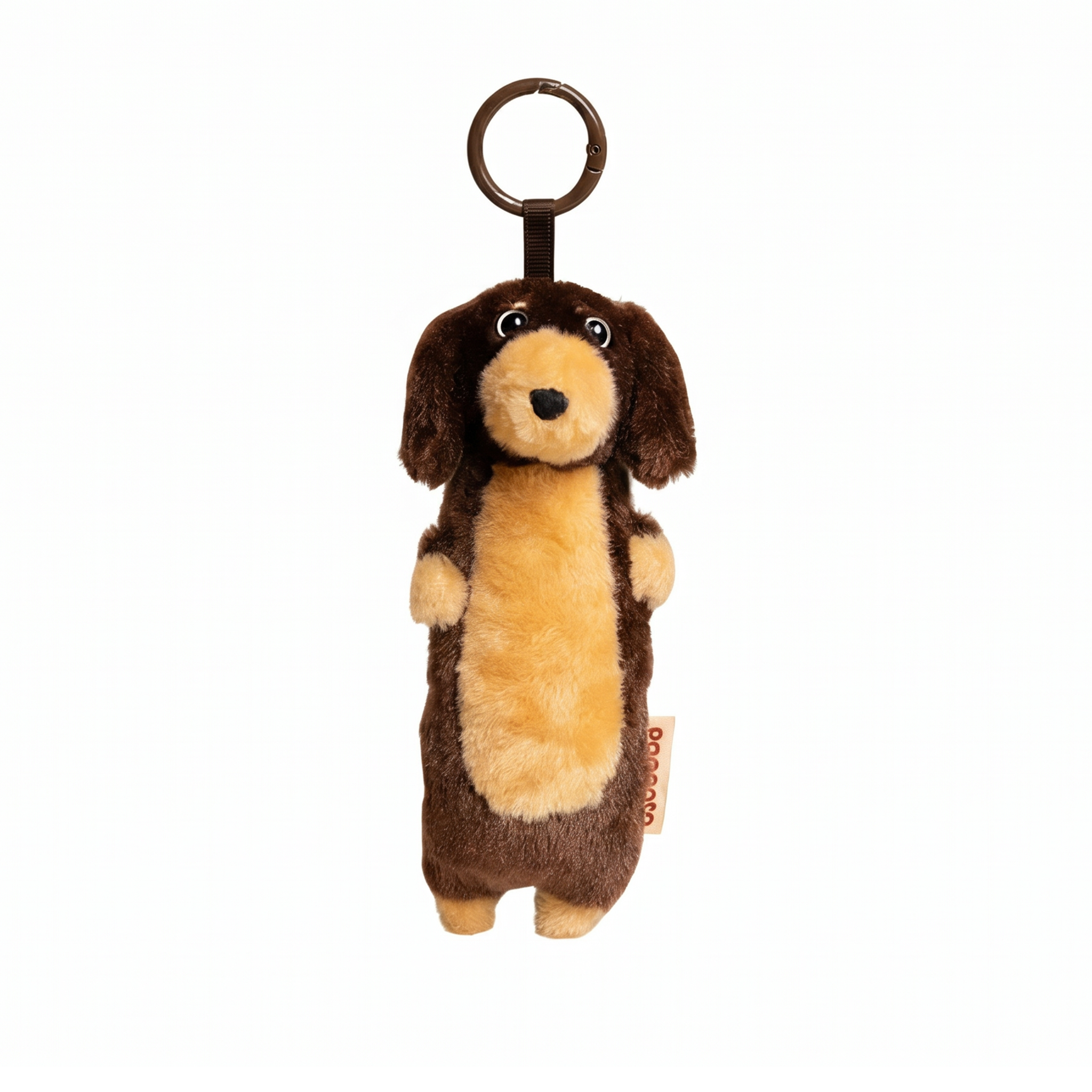 Dachshund Keychain plush stuffed animal toy, Chocolate and Tan Long hair variant, PP cotton plush, front view