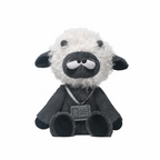 Plush toy sheep with a gray outfit on a white background