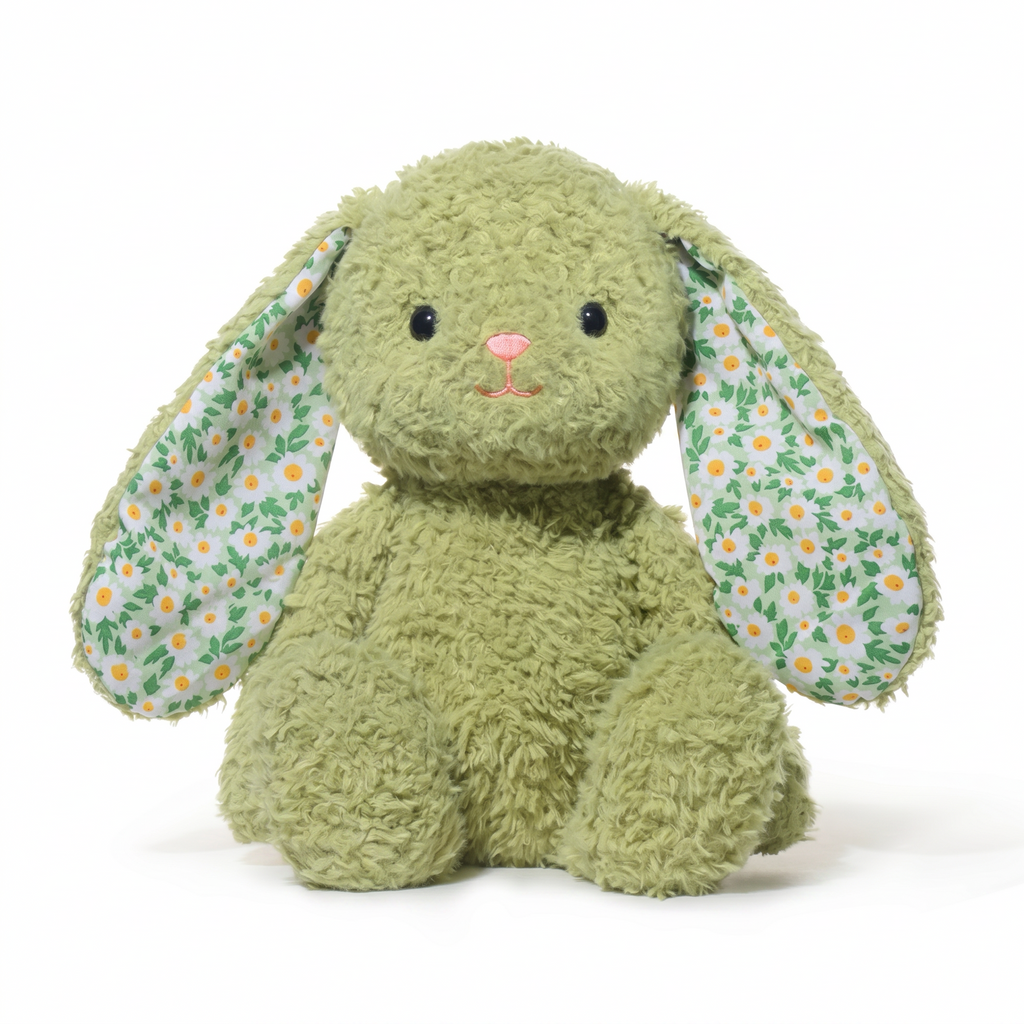 Green plush bunny in a white background