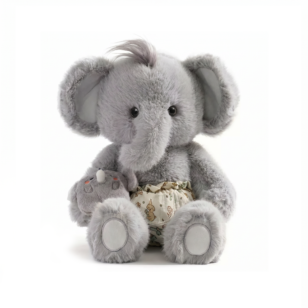 Plush elephant toy with a diaper on a white background