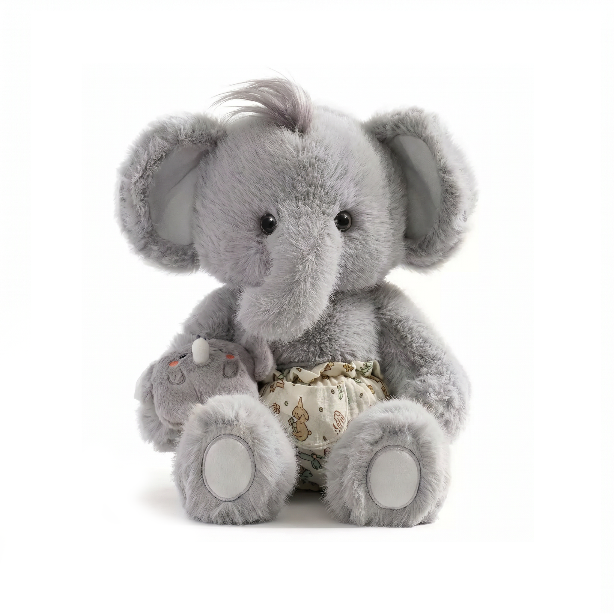 Plush elephant toy with a diaper on a white background